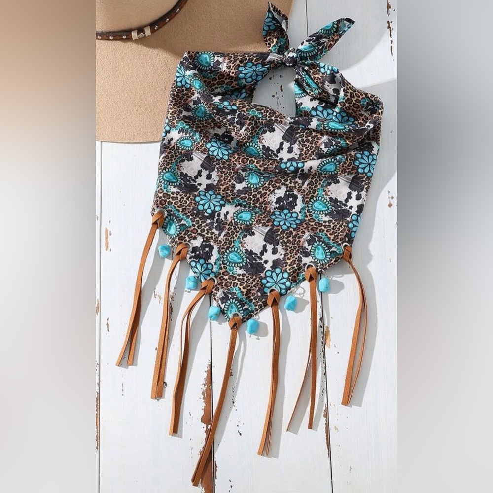 Western Bandana Scarf Turquoise Floral Fringe Bandana Scarf Cowgirl Bandana - Picture 3 of 7